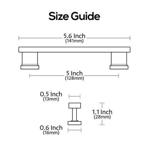 Size guide for 10 Pack Brushed Satin Nickel Cabinet Pulls With 5 Inch Hole Centers showing dimensions in inches and millimeters.