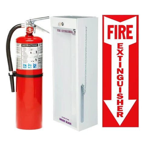 Solid Ten Pound Refillable Abc Fire Extinguisher With Wall Mount Steel Cabinet And Drop Dead Simple Directions for shop use.