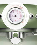Close-up of Semi Automatic Espresso Machine 19 Bar Pump With Pressure Gauge Dual Temperature Control For Home Use Retro Green Design