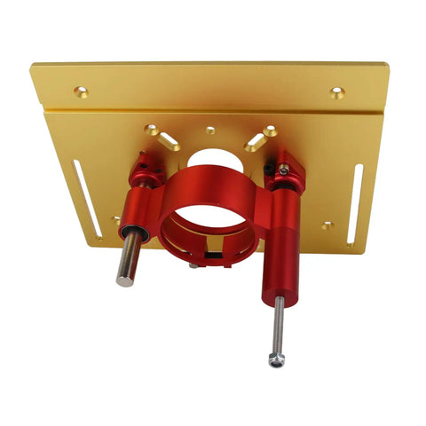 Heavy Duty Aluminum Router Lift For Top Shelf Woodworking Tables featuring smooth manual crank and red clamping base.