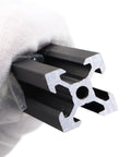 Close-up of one 300mm 2020 series V-slot aluminum extrusion profile showing cross-section for 3D printer frame, European standard.