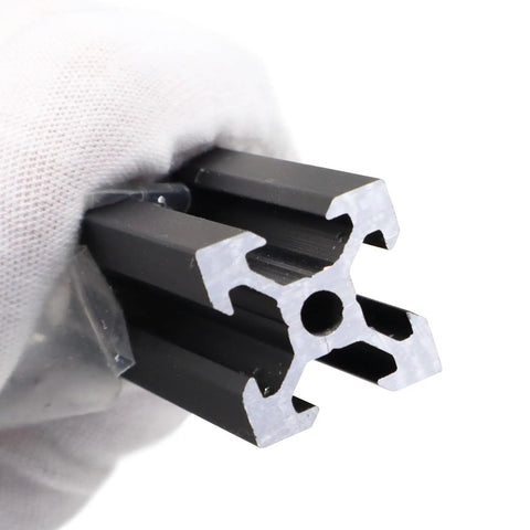 Close-up of one 300mm 2020 series V-slot aluminum extrusion profile showing cross-section for 3D printer frame, European standard.