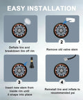 Riseuvo TR600HP rubber tire valve stems for 0.453-inch rims; four-step installation diagram.