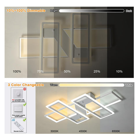 Four Square Dimmable LED Ceiling Light With Remote Control For Living Room, Bedroom, Dining And Kitchen 80W Acrylic Flush Mount Fixture showing dimmable and color changeable options.