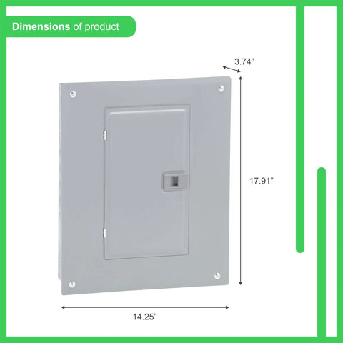 Homeline 125 Amp Load Center With 8 Space 16 Circuits Indoor Main Lugs Cover Included showing dimensions 17.91x14.25x3.74 inches
