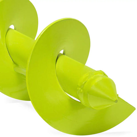 Close-up of lime green Rapid Planting Bulb Auger Drill Bit 3.5 X 12 Inches for garden use, showing 3/8 inch hex drive and spiral design.