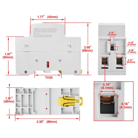 Heavy Duty 63A 2 Pole Modular AC Contactor With 230V AC DC Universal Coil and 2NO Normally Open Contacts dimensions and details.
