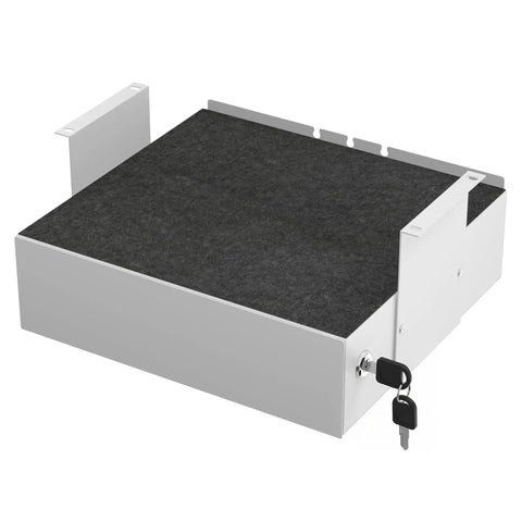Spacious Under Desk Drawer Featuring Silky Slide Out Rails And A Rock Solid Side Lock Heavy Duty White Steel Organizer for storing office gear.
