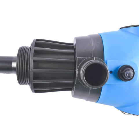 High Capacity Electric Drum Pump 120V AC And 12V DC Models With 5 GPM Flow close-up of hose connection and power controls.