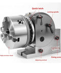 Built Tough 4 Inch Indexing Head For Milling Machines, showing 3 jaw chuck and adjusting features for CNC rotary machining.