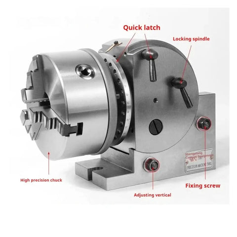 Built Tough 4 Inch Indexing Head For Milling Machines, showing 3 jaw chuck and adjusting features for CNC rotary machining.