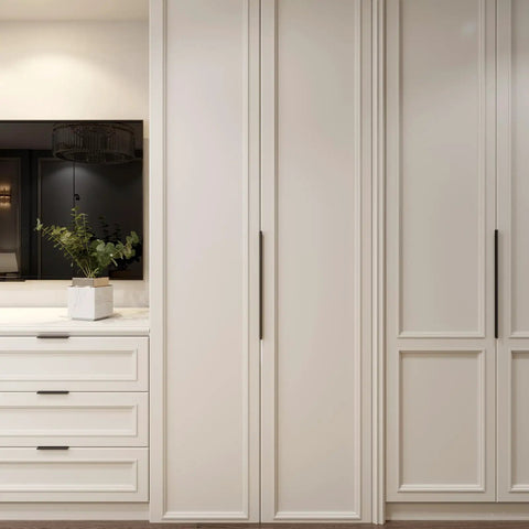 Slick Black Edge Pulls Cabinet Handles Set Modern Finger Pulls for cabinets with 3 Inch 76mm installation on white doors in kitchen