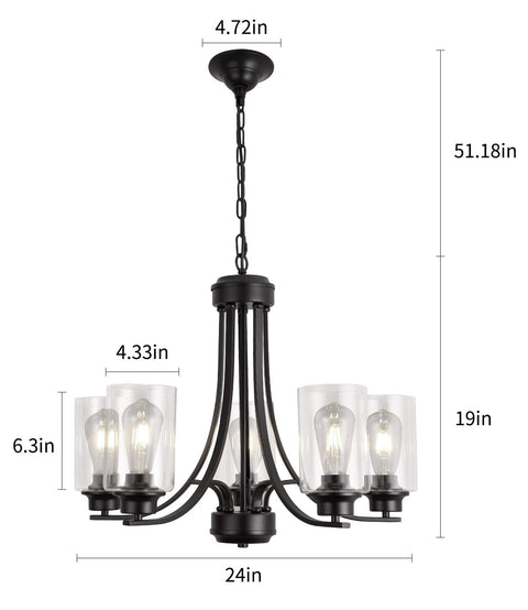 Five Light Matte Black Farmhouse Industrial Chandelier With Clear Glass Shades For Dining Room Kitchen Island Foyer And Bedroom Modern Vintage Pendant Lighting That Elevates Any Space With Bold Timeless Vibe And Dope Style showing dimensions and clear glass shades.