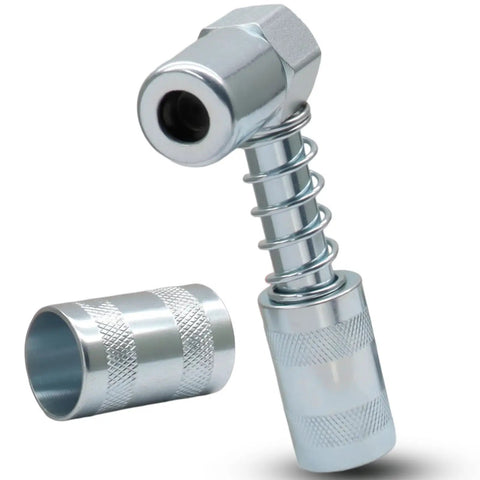 90 Degree Grease Gun Coupler Adapter in Carbon Steel, Beefed-Up Quick Connect, galvanized finish, 3-inch length