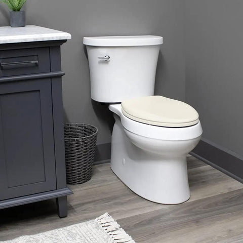Bathroom with Elongated Biscuit Slow Close Toilet Seat With Easy Clean Hinges Adjustable Front To Back Fit For A Custom Wobble Free Quiet Bathroom Upgrade Durable Plastic Made In USA With Easy To Install Hardware Included