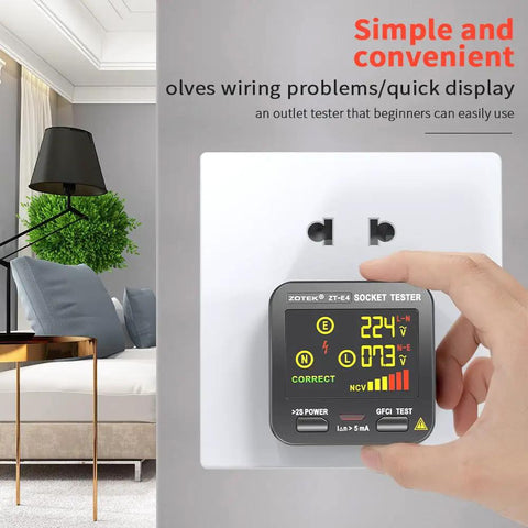 Outlet Tester With GFCI And NCV Non Contact Voltage Detection For North American Outlets in use on a wall socket