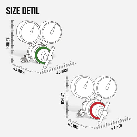 Light Duty Oxygen And Acetylene Regulator Set With CGA 540 CGA 200 Twin Hose Connectors 3 By 8 By 24 Outlets 0 To 400 PSI Delivery Fits Small Acetylene MC Tanks Easy Dial Control For Gas Welding And Brazing, size detail illustration