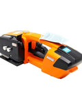 Heavy Duty Rechargeable Electric Strapping Machine Featuring Automatic Tensioner And Fast Hot Melt Sealing, orange color, side view.