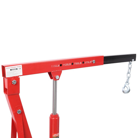 True Garage Workhorse Heavy Duty Steel Folding Engine Hoist 1500 lbs load rating hook and boom detail.
