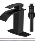 Matte Black Waterfall Bathroom Faucet With Pop Up Drain, Vanity Sink Faucet For One Hole Or Three Hole Install, 6 Inch Deck Plate