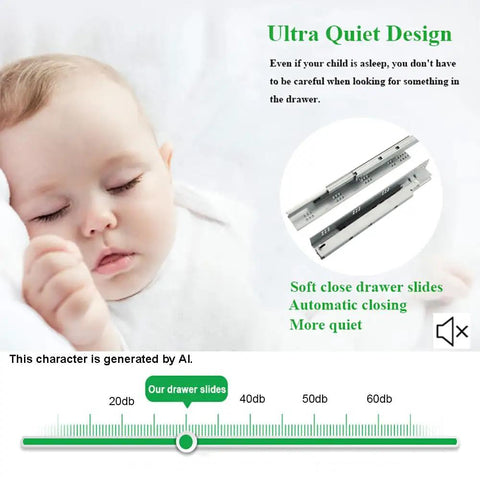 21 Inch Undermount Drawer Slides With Soft Close And Full Extension, 100 Lb Capacity, 1 Pair, Includes Mounting Screws, 3D Locking Devices, Rear Mounting Brackets, No Fuss Setup, shown with sleeping baby