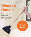 Classic Heavy Duty Toilet And Sink Plunger With 21 Inch Natural Wood Handle, Thick Black Rubber Cup, Built Tough To Blast Away Stubborn Clogs, Easy Suction For Quick Fixes held in hand.