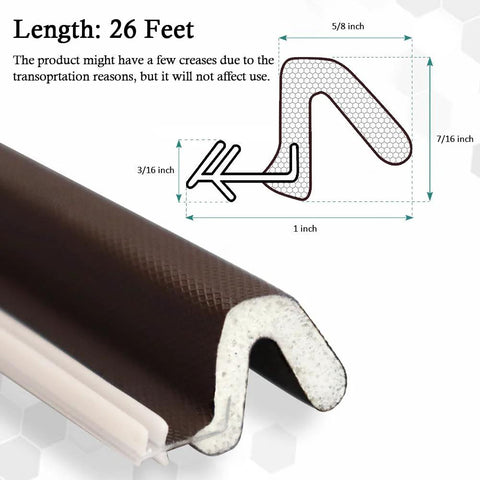 Close-up of brown kerf weather stripping door seal with foam core and slot installation; 26 ft length