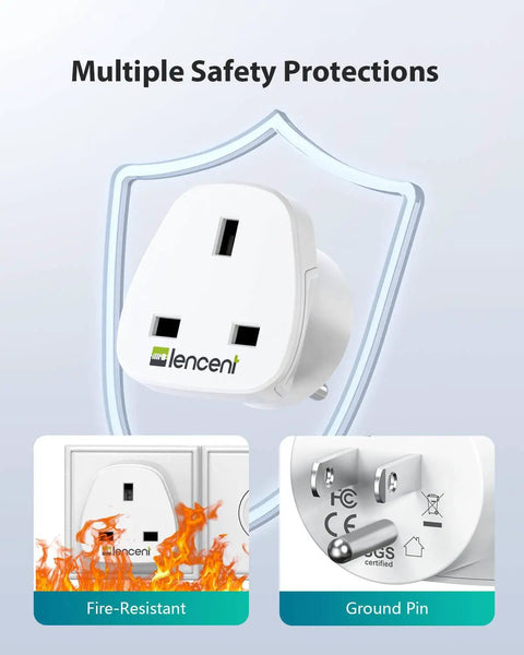 UK To US Plug Adapter 2 Pack with safety features, showing fire-resistant design and ground pin certification for safety.