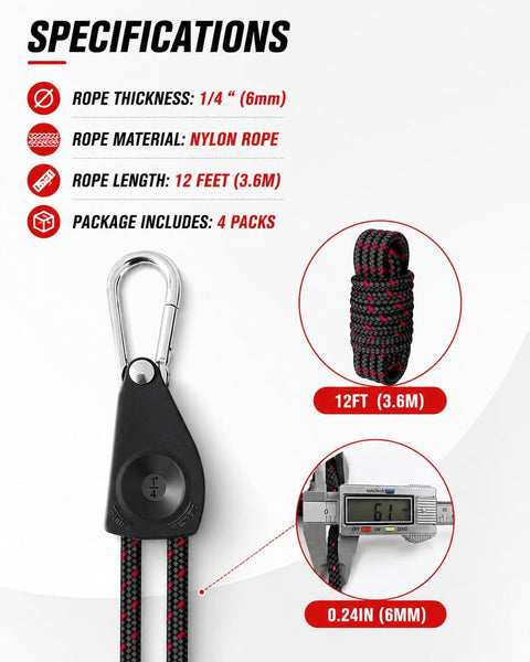 Product specifications for Ratchet Tie Down Straps Six Millimeter Nylon Rope Four Pack Twelve Foot Each Adjustable Hangers
