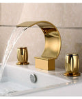 Elegant Waterfall Double Handle Bathroom Faucet With Arc Spout In Gold Widespread Sink And Tub Filler Modern Moon Inspired Design