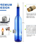 Blue glass wine bottle torch with premium design, brass mounts, 14-inch wicks for outdoor garden lighting, and protective lamp cover.