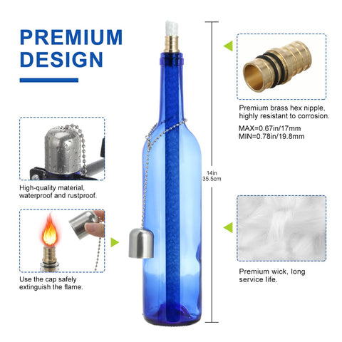 Blue glass wine bottle torch with premium design, brass mounts, 14-inch wicks for outdoor garden lighting, and protective lamp cover.