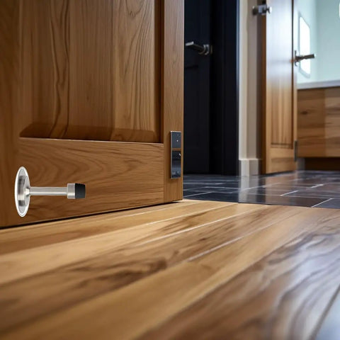Zero Hassle Wall Mount Door Stopper, Straight Up Self Adhesive Tape Or Screw Grip, Brushed Stainless Steel Frame With Thick Rubber Bumper, Pack Of 2 Sweet Wall Protectors For Any Interior Door mounted on wooden door near floor.