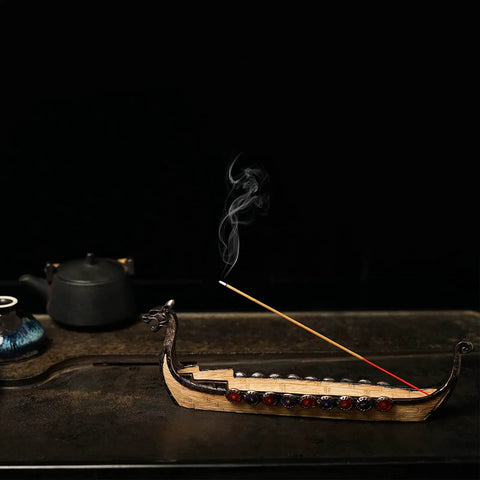 Hand Carved Dragon Boat Incense Holder For Stick Incense Burners on dark surface