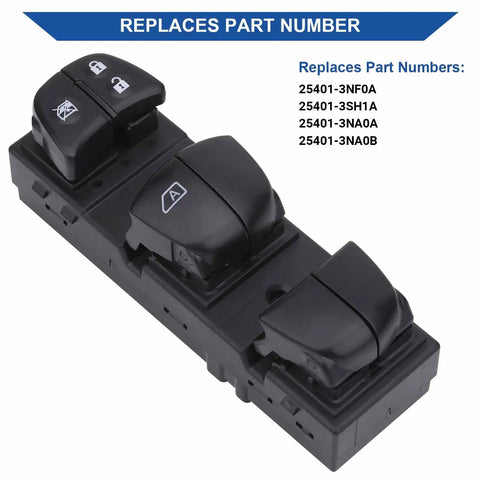 Power Window Switch Front Left Driver Side for Nissan Leaf Altima Sentra Rogue Juke 2011-2019 Replacement 25401-3NF0A