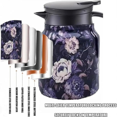 Vintage Floral Teapot With Built In Infuser And V Shaped Spout Stainless Steel Detachable Coffee Pot, multi-layer design