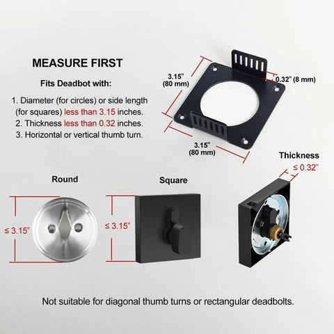 Diagram showing measurements for Deadbolt Lockout Device Block Thumb Turn Kid Safe, Child Proof Safety Cover For Dead Bolt.