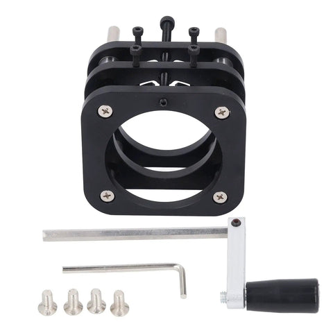Beefy Aluminum Router Table Base With Lift System, 51mm Stroke Hand Crank, 4 Jaw Clamping components and tools visible