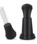 Espresso Distribution Tool With 0.4mm 10 Needle Stirrer to break up grounds and reduce channeling, black, shown in ergonomic design.