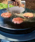Hamburger Press For Smash Burgers, Stainless Steel Nonstick Smasher Patty Maker For Flat Top Griddle in use on grill