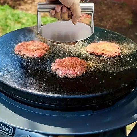 Hamburger Press For Smash Burgers, Stainless Steel Nonstick Smasher Patty Maker For Flat Top Griddle in use on grill