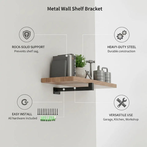 Heavy Duty Black Metal Wall Shelf Bracket For Floating Shelves In Garage Kitchen Workshop Storage L Shaped With Pre Drilled Holes, installed.