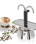 Heavy Duty 2 Cup Dual Pipe Moka Pot Crafted From Thickened 304 Stainless Steel Using Fully Uncoated Inner Walls For Rock Solid Extraction with cappuccino.