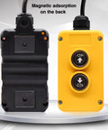 Dump trailer remote control: yellow handheld unit with Up and Down buttons; black receiver shown beside it.
