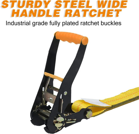 Heavy Duty Car Tie Down Straps Kit With Snap Hooks, 4 Pack, 2 Inch Wide By 114 Inch Long, Break Strength 10,000 Lbs, Ratchet Detail