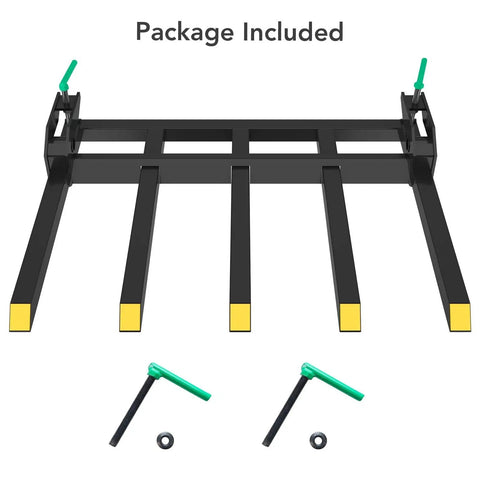 Beefy Heavy Duty Clamp On Pallet Forks Attachment For Skid Steer Loaders Up To 2500 Lbs Capacity showing five debris forks