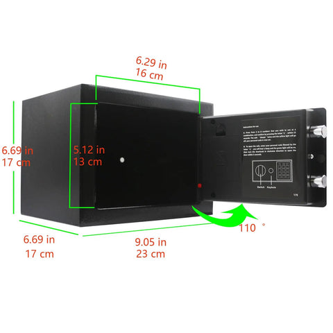 Digital Security Safe Box With Electronic Lock And Key Access, Compact Cash Jewelry Safe For Home Office Or Hotel, open view with dimensions.