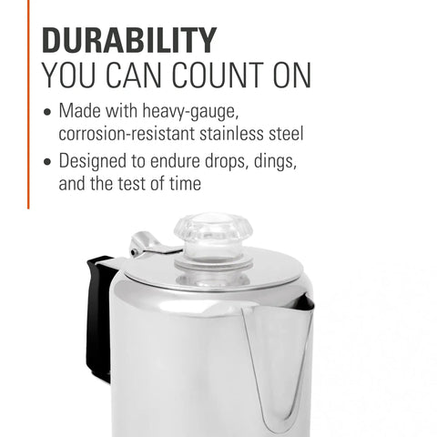 3 Cup Percolator Coffee Pot In Glacier Stainless Steel With Silicone Handle For Camping, Backpacking, Travel, RV And Hunting Trips Stove Safe Brew Maker