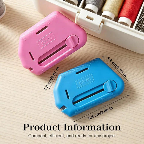 Magnetic Seam Guide For Sewing Machine 3 In 1 With Built In Scale And Seam Ripper shown in pink and blue on wooden surface