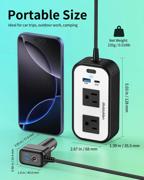 Plug Straight Into Your Ride With This Dope 300W Car Power Inverter Designed For Starlink Mini Users Plus Dual 110V AC Outlets Quick Type C Charging USB Ports And A Smart Digital Meter That Keeps Your Daily Commute Vibes Totally Smooth Today, showing compact car inverter, two sockets, and USB ports.